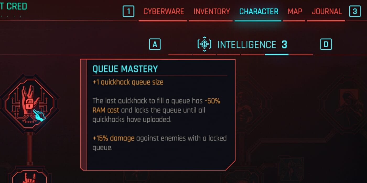 Queue Mastery, one of the best Intelligence Perks in CD Projekt Red's dystopian RPG