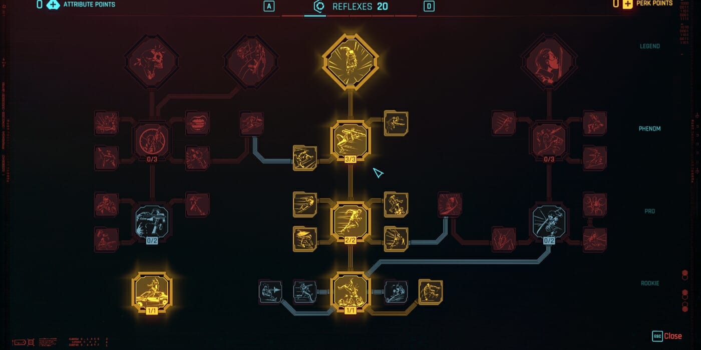 The Reflexes Perk tree, part of putting together a new build after beating Phantom Liberty