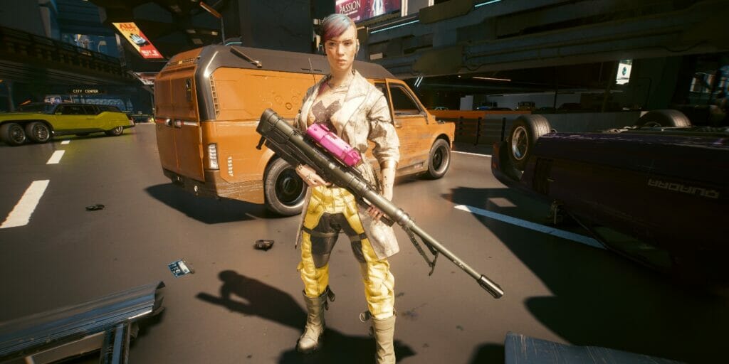 Best Sniper Build In Cyberpunk 2077 (2.0) V poses with a sniper rifle in Cyberpunk 2077