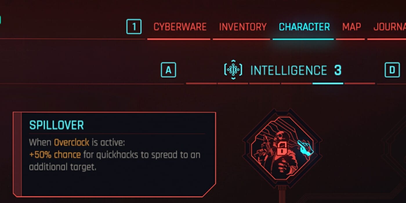 Spillover, one of the best Intelligence Perks in CD Projekt Red's dystopian RPG