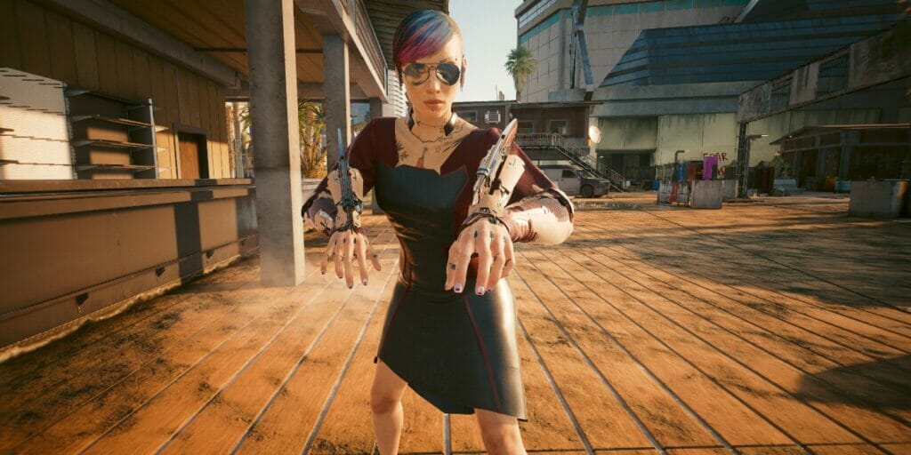 Top 6 Best Technical Ability Perks in Cyberpunk 2077, Ranked V poses on the boardwalk in Cyberpunk 2077