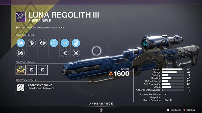 Destiny 2 Luna Regolith III God Rolls