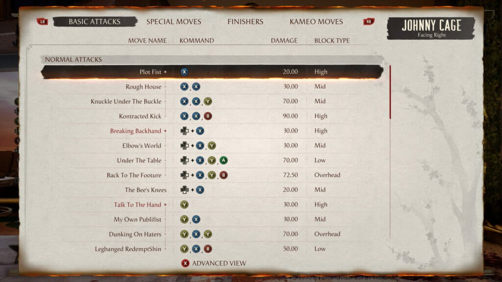 Johnny Cage MK1 Move List