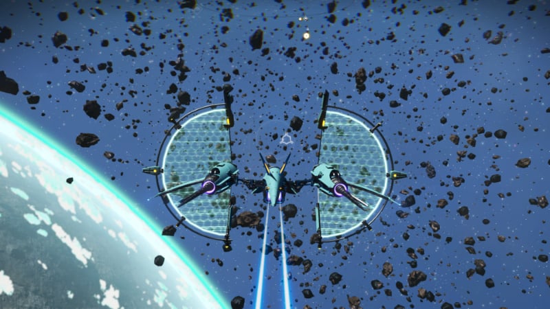 A solar ship explores an asteroid field in No Man's Sky