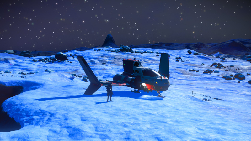 A pilot with their ship in NMS