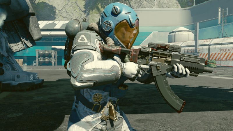 The main character pointing a rifle in Starfield