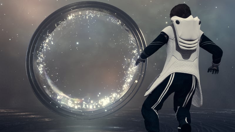 The character and an alien portal artifact in Bethesda's sci-fi RPG