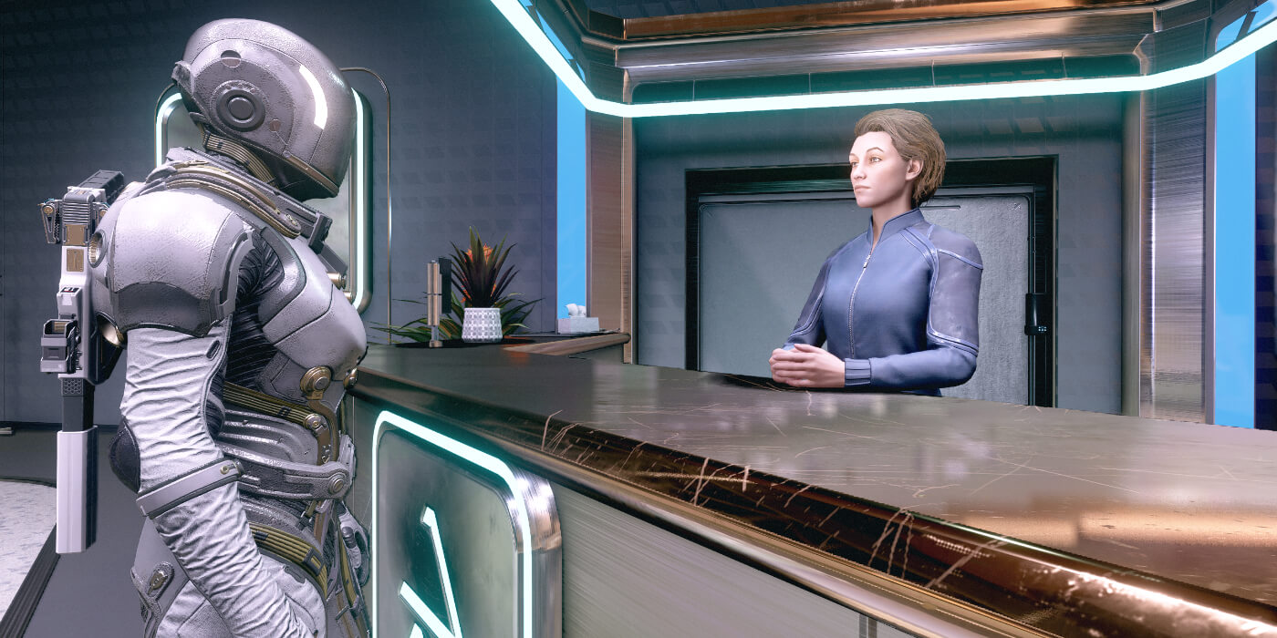 The Starborn talks to an NPC in Bethesda's new sci-fi RPG