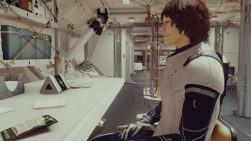 The main character relaxes in their ship in Bethesda's new sci-fi epic