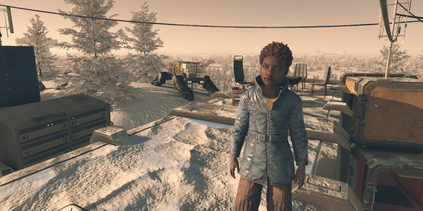 The main character talks to a chid in the snowy wilderness in Bethesda's new sci-fi RPG