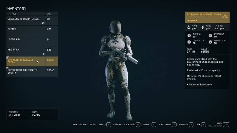 The UI and inventory screen from Starfield by Bethesda