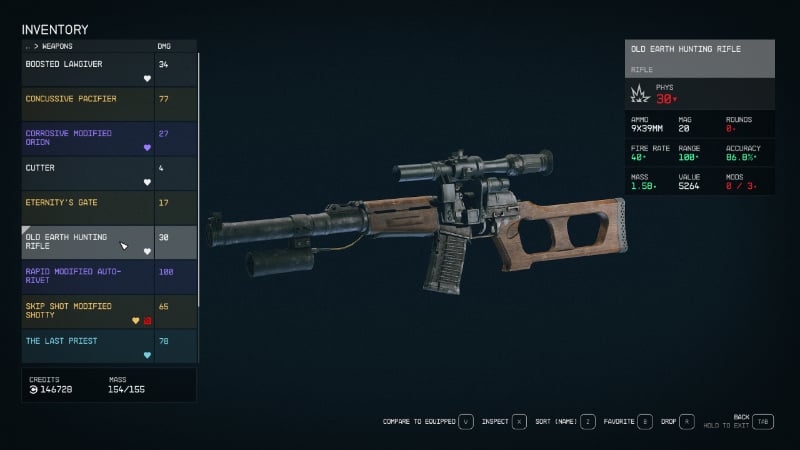 The Old Earth Hunting Rifle, part of the best thief build in Bethesda's sci-fi RPG