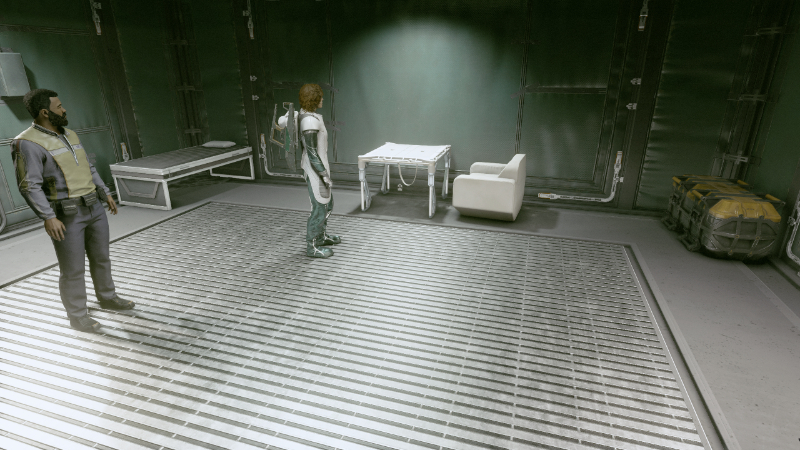 The main character and their companion stand in an outpost in Starfield