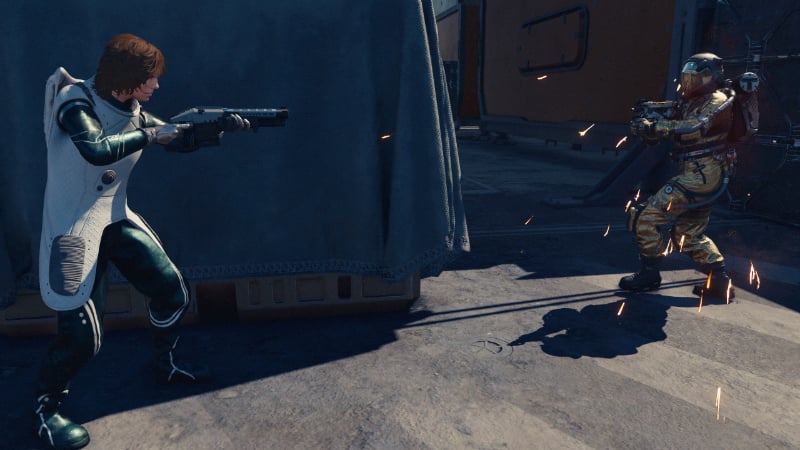 A firefight at point blank range in Starfield