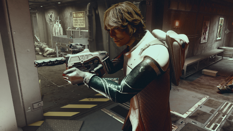The main character points a gun in Starfield