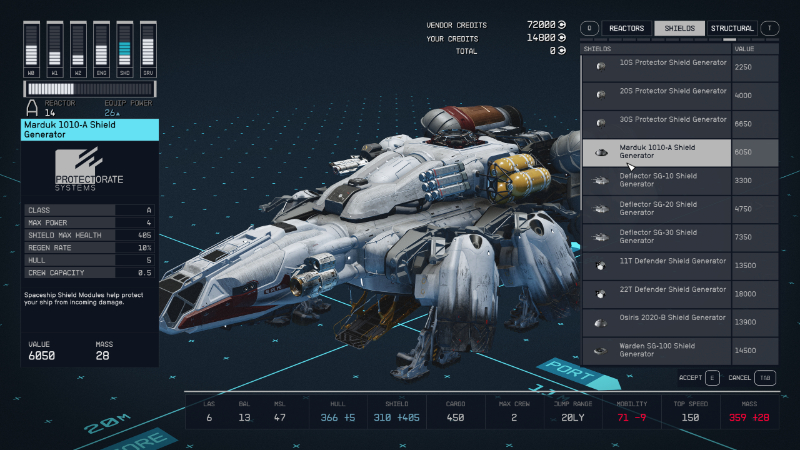 The ship customization screen in Bethesda's new sci-fi game, prior to the release of Shattered Space