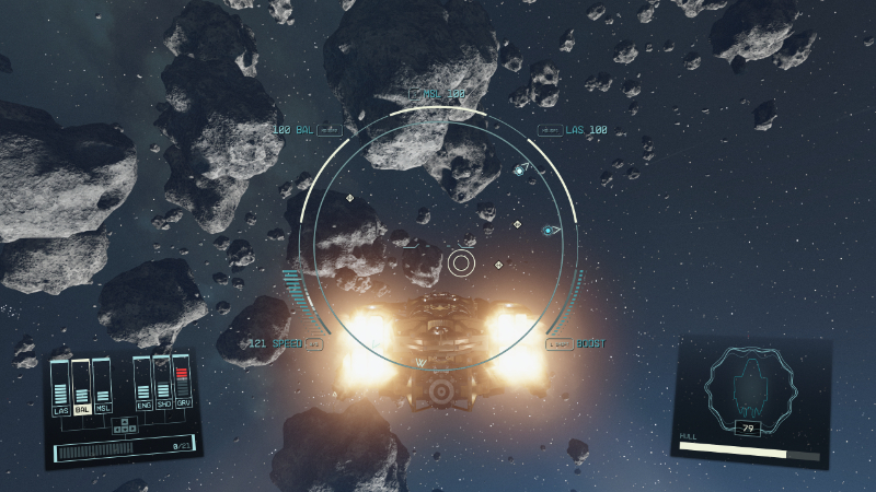 A ship traverses an asteroid field in Starfield