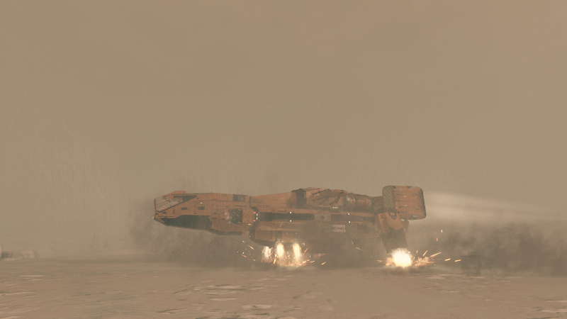 A spaceship taking off in Starfield