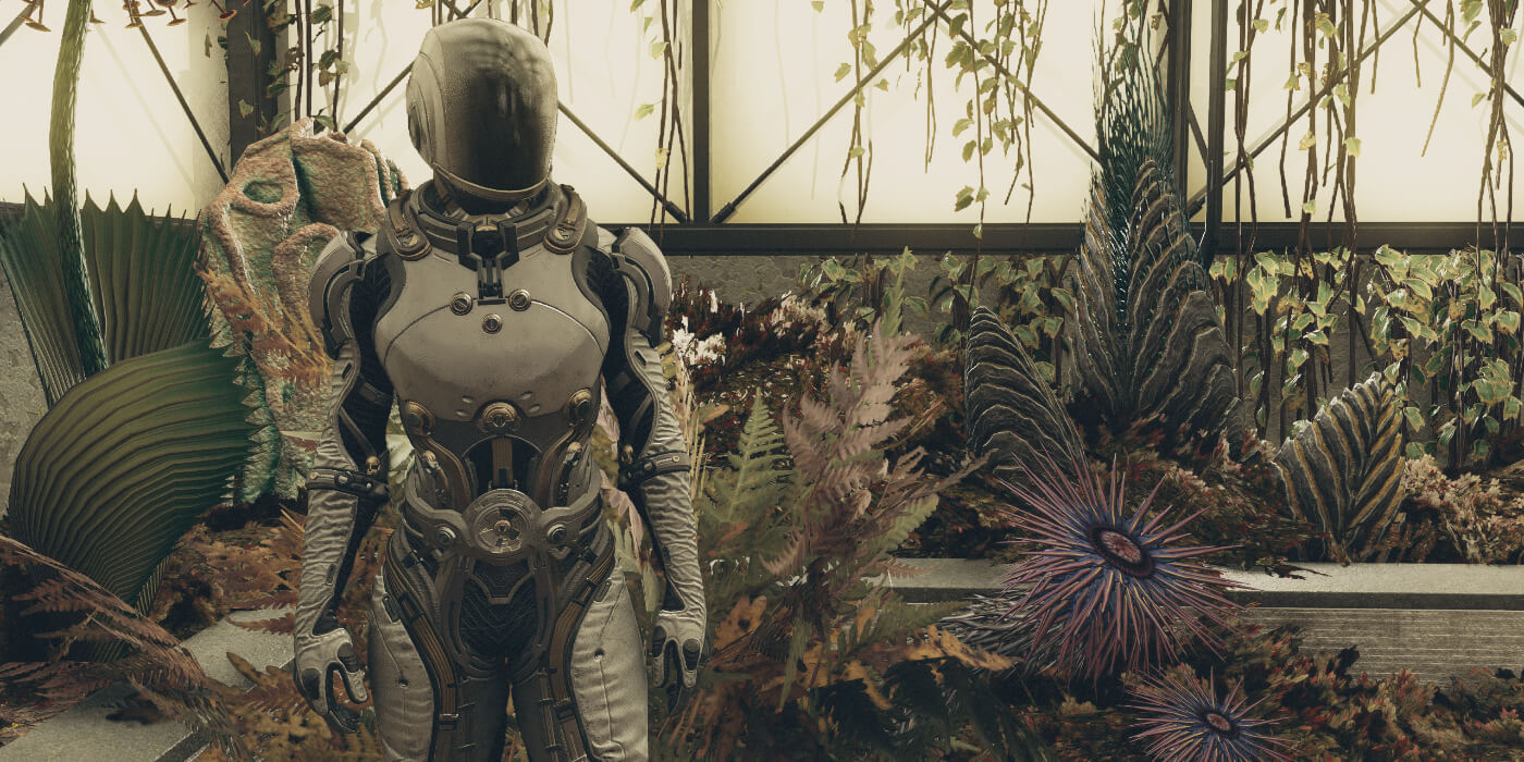 The Starborn stands in a garden in Bethesda's new sci-fi RPG