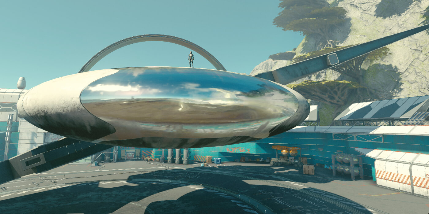 The player stands on their ship in Starfield