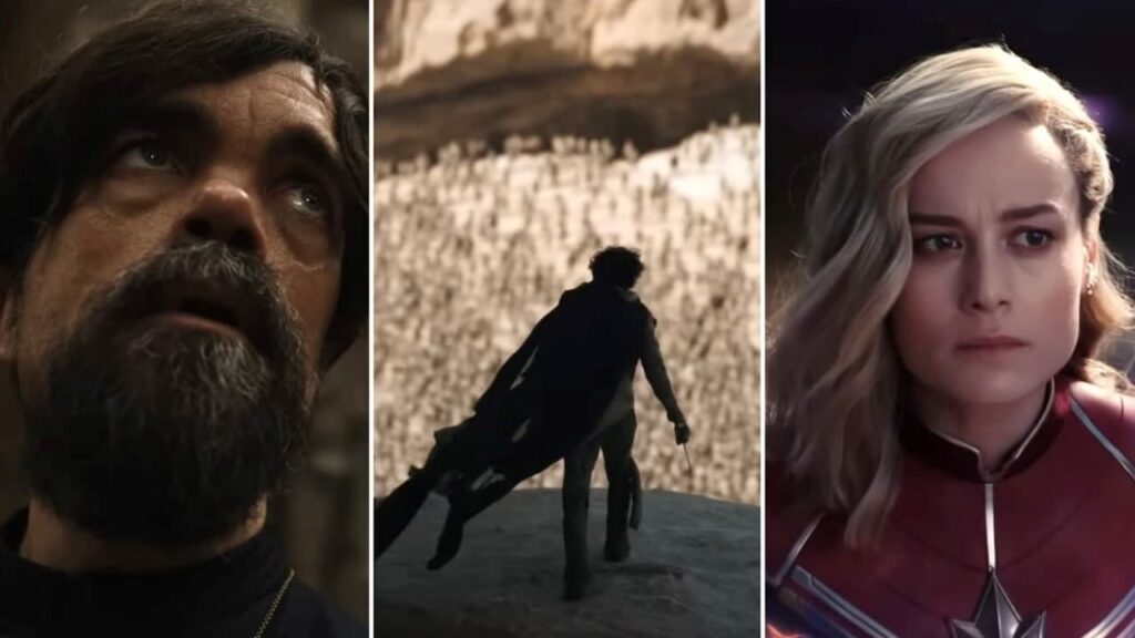 Top 10 Best Action Movies in 2023 You Should Have on Your Radar Peter Dinklage in The Hunger Games The Ballad of Songbirds and Snakes, an image of Dune: Part 2, and Carol Danvers (Brie Larson) in The Marvels, some action movies that are coming soon.