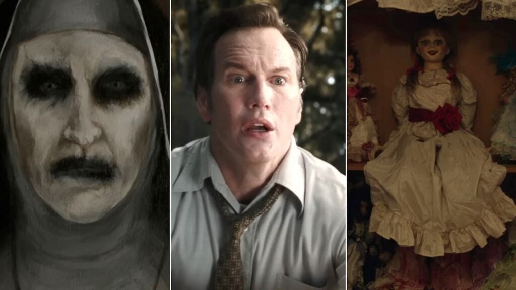 Top 9 Best Movies in the Conjuring Universe A split image of Valak from The Nun, Patrick Wilson from The Conjuring and Annabelle from Annabelle.