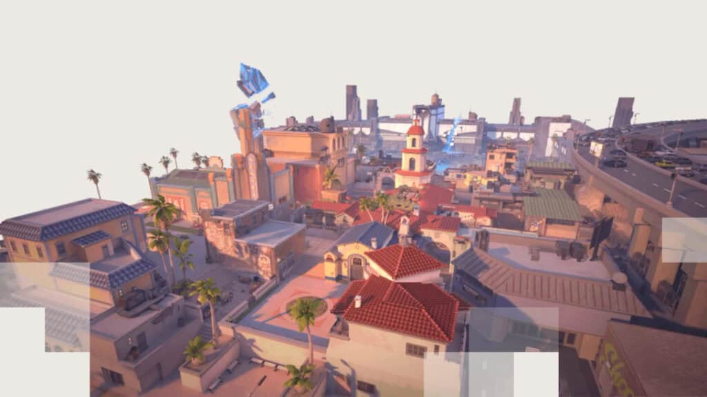 Is Sunset in the Valorant Competitive Map Rotation? – Answered A bird's-eye view of the Sunset map from Valorant