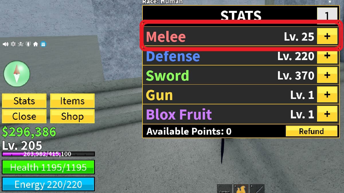 increasing melee stat to get more energy in blox fruits