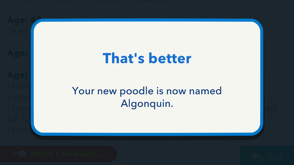 Have a Poodle NAmes Algonquin in BitLife Mistress of the Dark Challenge