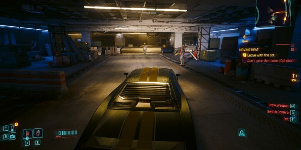 V waits in a car in the Moving Heat mission in Cyberpunk 2077