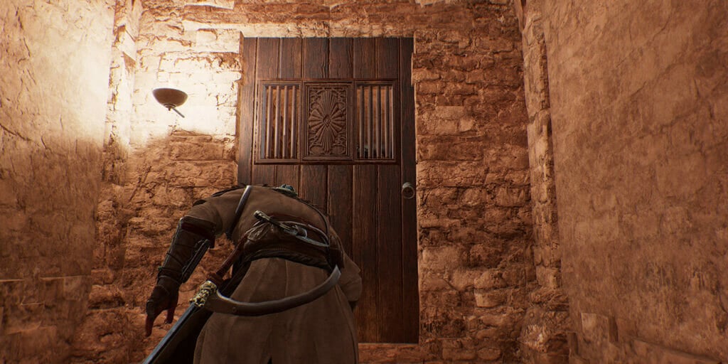 Enter the holding cell to find a note and dead body in a cell.