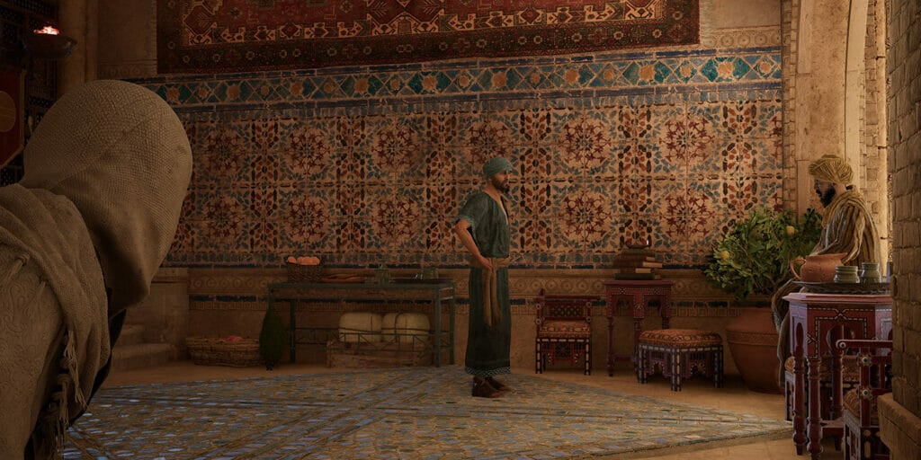 Eavesdrop on the two scholars talking about Fazil's lost book somewhere in the House of Wisdom.