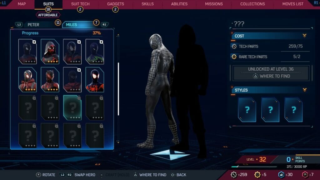 spider-man 2 suit selection menu