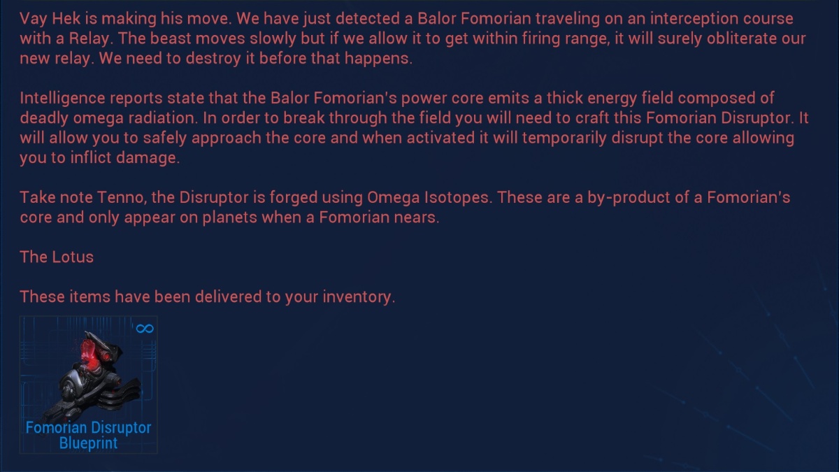 Blueprint for the Fomorian Disruptor in Warframe