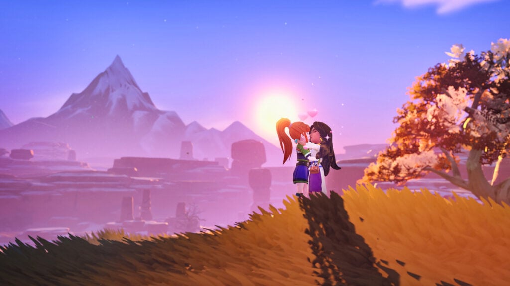 My Time At Sandrock – All Romanceable Characters, Ranked Two characters kiss at dusk in My Time at Sandrock