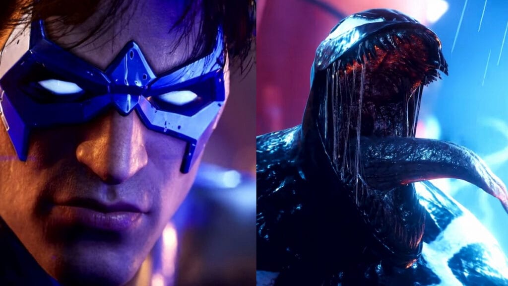 Marvel Has Been Trouncing DC in the Video Game Space A split image of Nightwing in Gotham Knights, one of the latest DC games, and Venom from Marvel's Spider-Man 2, the latest Marvel game.