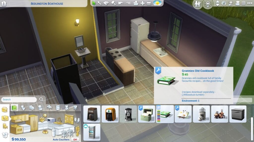 Find Grannies Cookbook under small appliances in Build Mode