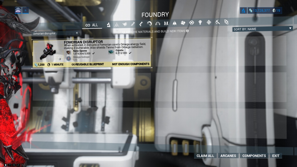 Resources needed for the Fomorian Disruptor in Warframe