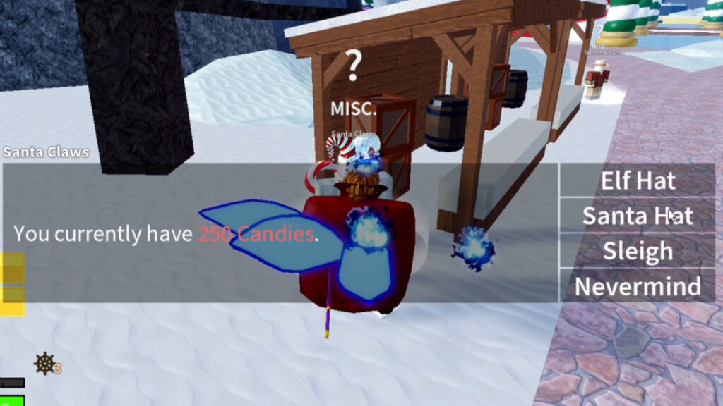 The player talks to Santa to get an Elf Hat in Blox Fruits