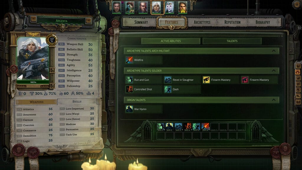 Argenta's talents in Warhammer 40K: Rogue Trader.