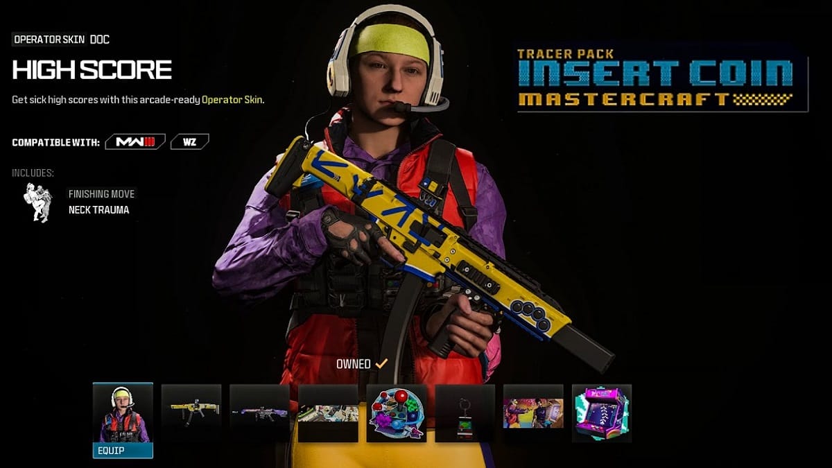 There is a shot of a solider holding a gun, while wearing a colorful outfit. The gun is colored yellow and there is a sign that reads Insert Coin Mastercraft. 