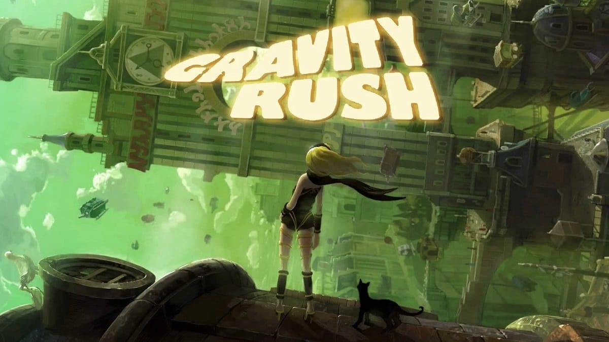 There is a shot of the key art to Gravity Rush. Kat is standing on a building, staring at floating buildings in the distance. 