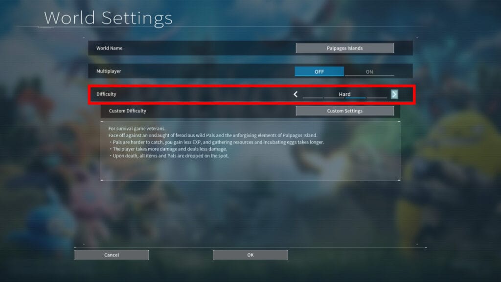 Palworld World Difficulty Options