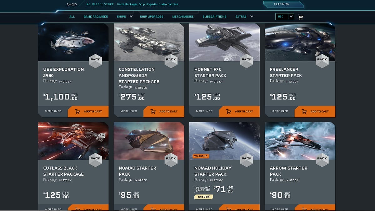 There is a shot of a digital shop showcasing multiple ship packs. They are all priced differently and show different spaceship models.