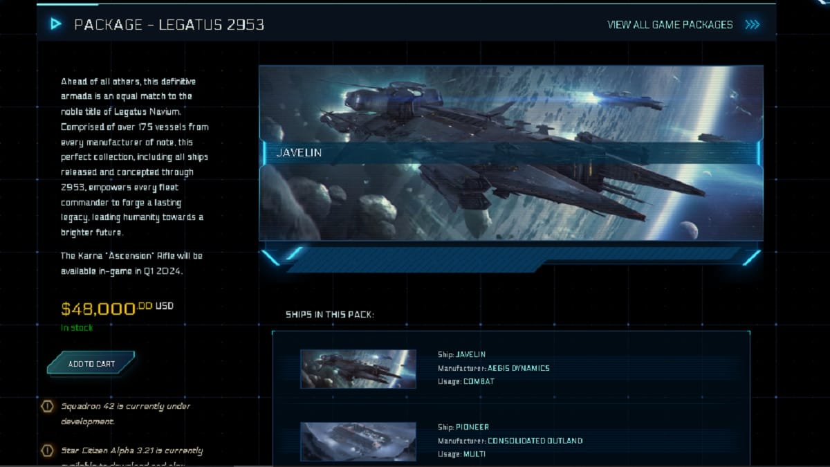 There is a shot of a digital store that shows the Legatus Pack page. There are images of the Javelin ship and the details of the pack, along with the price.  