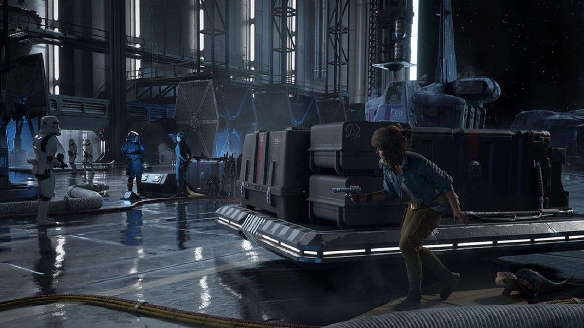 There is a shot of Kay Vess sneaking around an Imperial facility with her partner Nix. There are Stormtroopers standing around near TIE Fighters. 