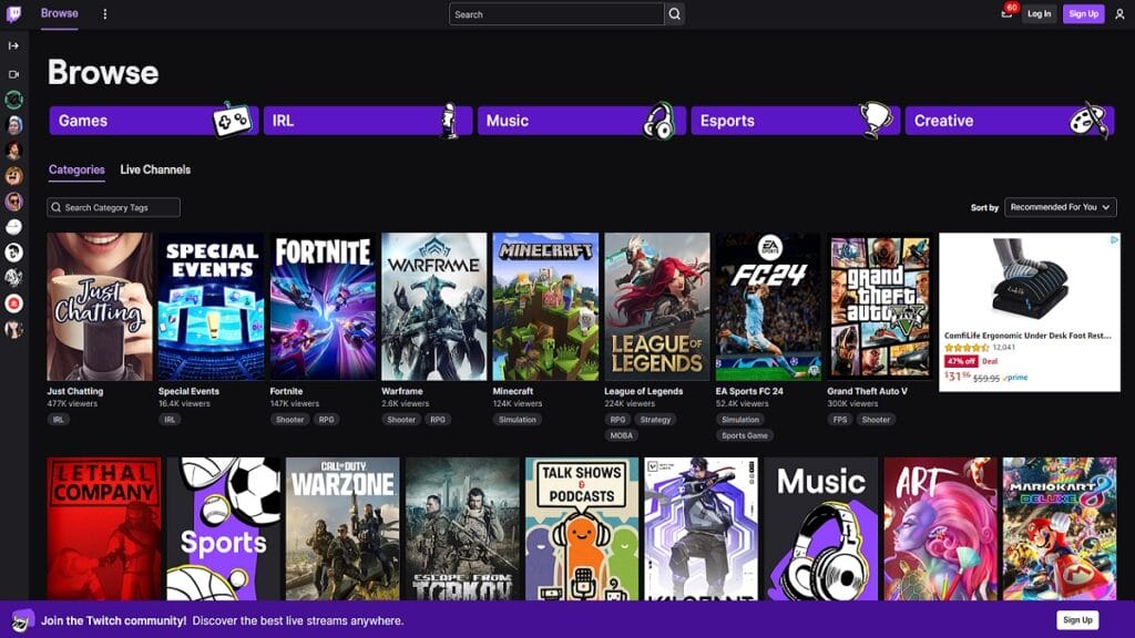 Twitch Bans Implied Nudity in New Guidelines Update There is a shot of the Twitch Browsing home page. There are multiple categories and games shown for live streams to watch.