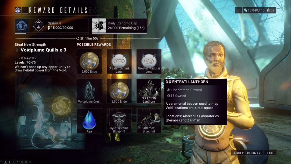 Warframe Entrati Lanthorn farm via Bounties