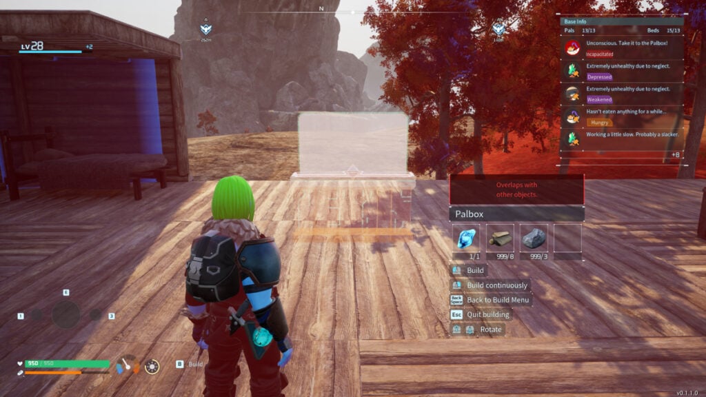 Green hair Palworld player getting Overlaps with other objects error