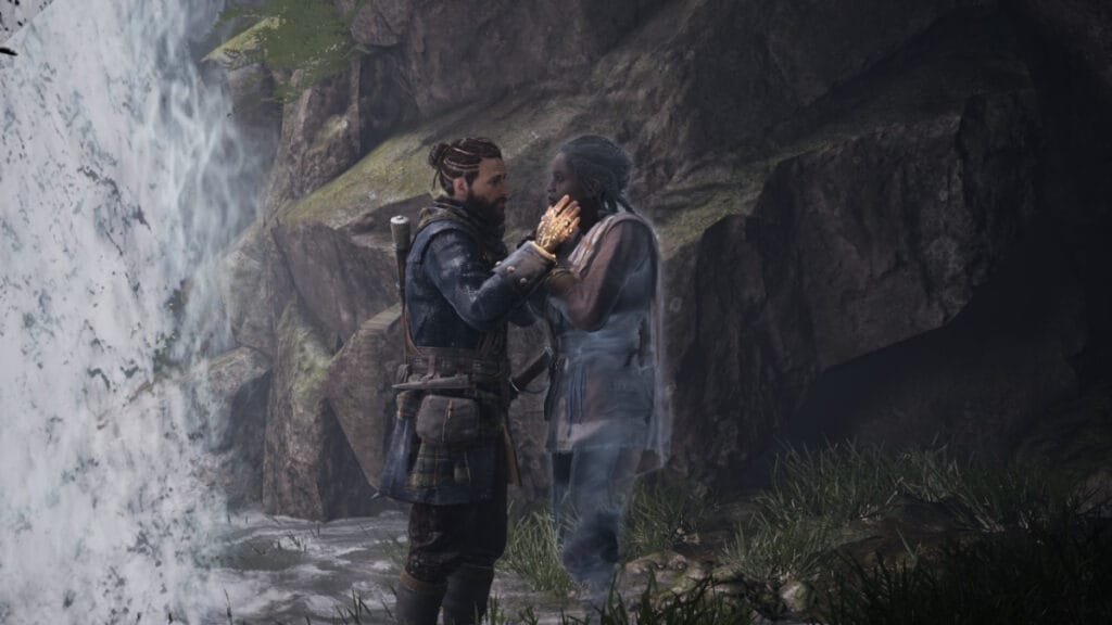 Red and Antea embrace beside a waterfall in Banishers: Ghosts of New Eden